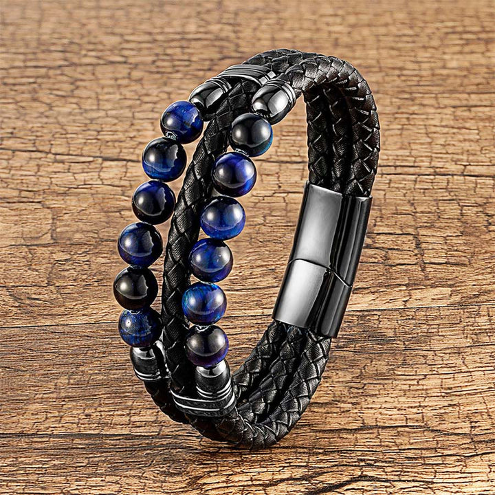 Bracciale impilabile Olivenorma in pelle a doppia treccia e perline di pietra naturale occhio di tigre - Occhio di tigre blu - 23 cm - image 1