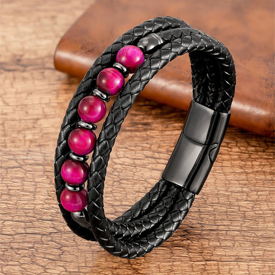 Bracciale Olivenorma di alta qualità in pelle intrecciata e pietra naturale con chiusura magnetica - Occhio di tigre rosso rosa - 23 cm - image 16