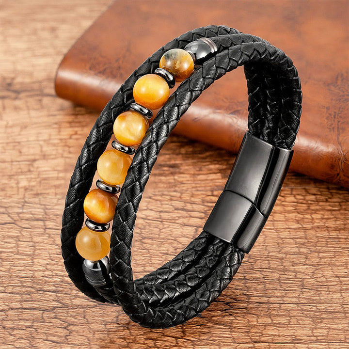 Bracciale Olivenorma di alta qualità in pelle intrecciata e pietra naturale con chiusura magnetica - Occhio di tigre giallo - 23 cm - image 19