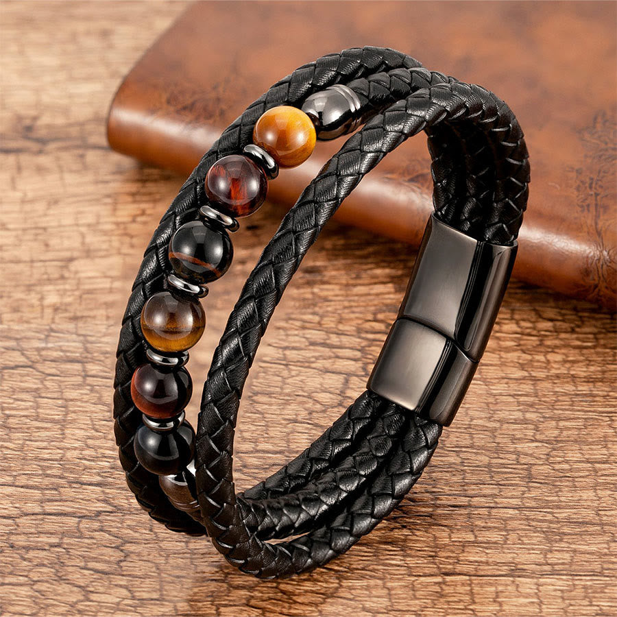 Bracciale Olivenorma di alta qualità in pelle intrecciata e pietra naturale con chiusura magnetica - Occhio di tigre misto - 23 cm - image 5