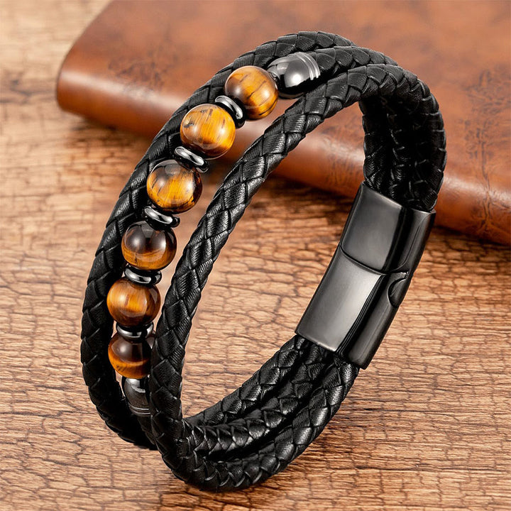 Bracciale Olivenorma di alta qualità in pelle intrecciata e pietra naturale con chiusura magnetica - Occhio di tigre - 23 cm - image 1