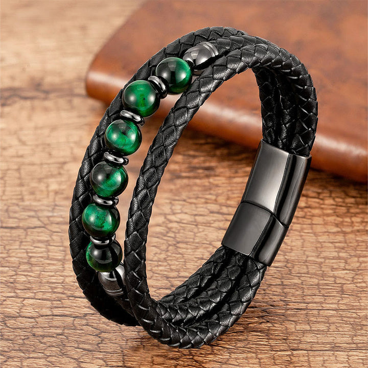 Bracciale Olivenorma di alta qualità in pelle intrecciata e pietra naturale con chiusura magnetica - Occhio di tigre verde - 23 cm - image 17