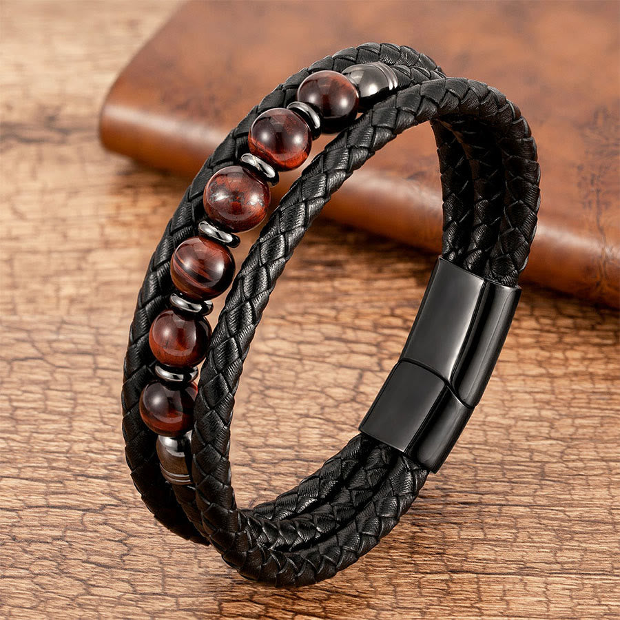 Bracciale Olivenorma di alta qualità in pelle intrecciata e pietra naturale con chiusura magnetica - Occhio di tigre rosso - 23 cm - image 3