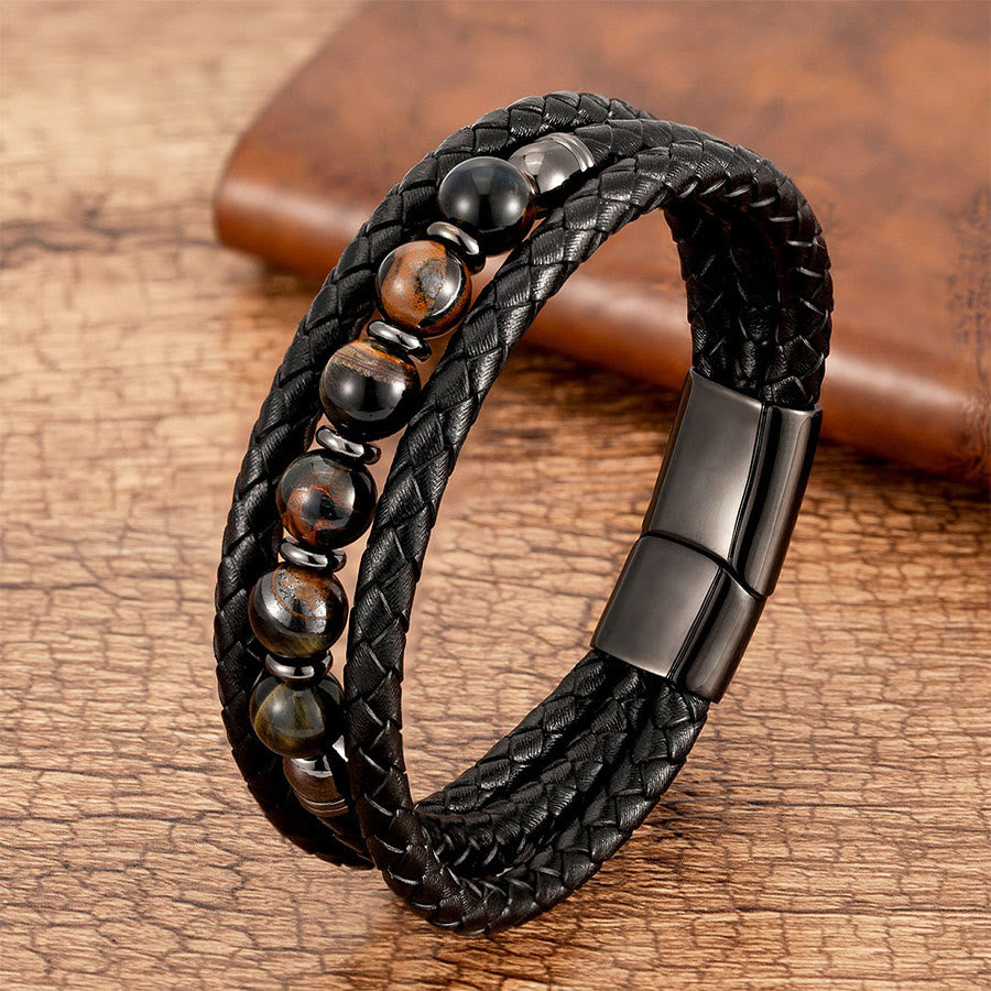 Bracciale Olivenorma di alta qualità in pelle intrecciata e pietra naturale con chiusura magnetica - Occhio di tigre multi-tono - 23 cm - image 4