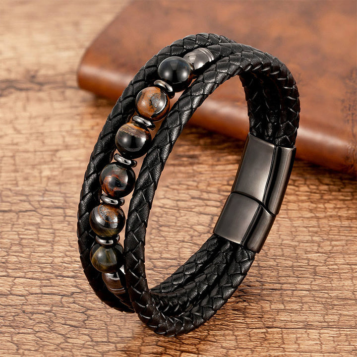 Bracciale Olivenorma di alta qualità in pelle intrecciata e pietra naturale con chiusura magnetica - Occhio di tigre multi-tono - 23 cm - image 4