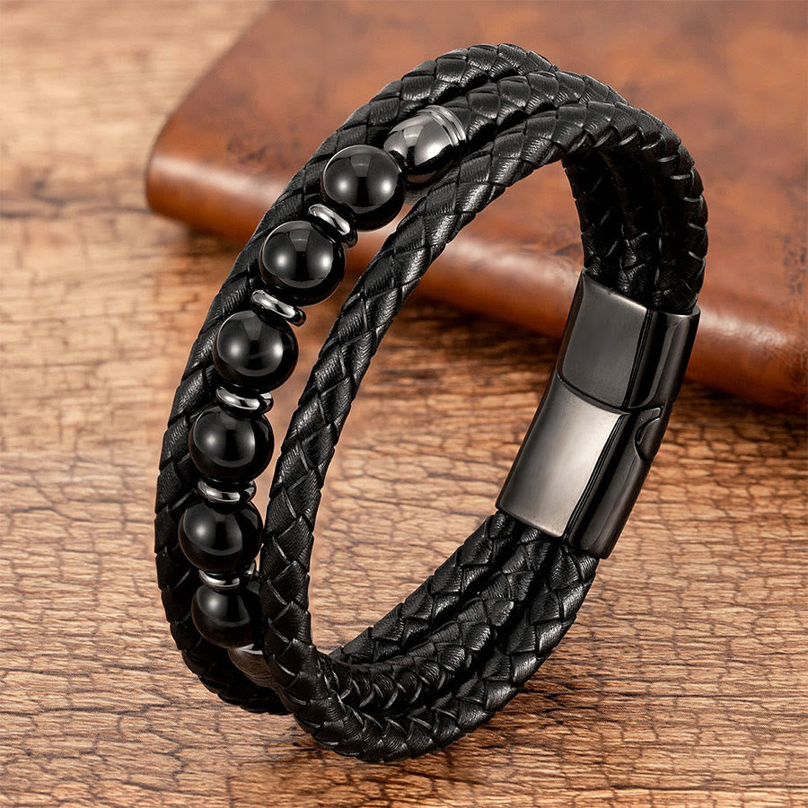 Bracciale Olivenorma di alta qualità in pelle intrecciata e pietra naturale con chiusura magnetica - Onice Nero - 23 cm - image 8