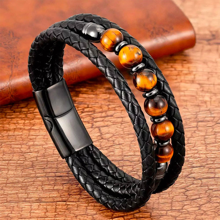 Bracciale Olivenorma di alta qualità in pelle intrecciata e pietra naturale con chiusura magnetica - image 0