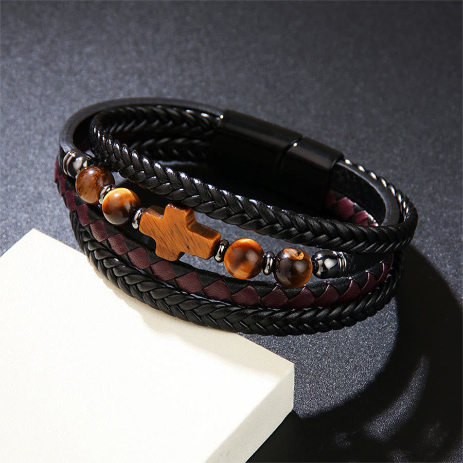 Bracciale Olivenorma Timeless con croce in pelle intrecciata e pietra naturale - image 1