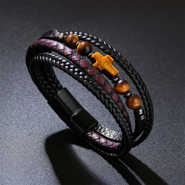 Bracciale Olivenorma Timeless con croce in pelle intrecciata e pietra naturale - Occhio di tigre - image 0