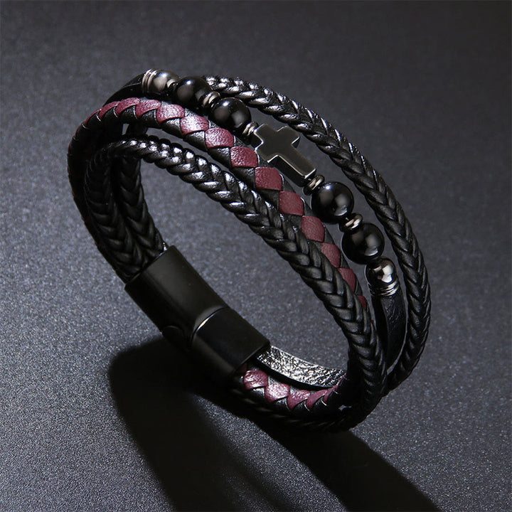 Bracciale Olivenorma Timeless con croce in pelle intrecciata e pietra naturale - Onice Nero - image 4