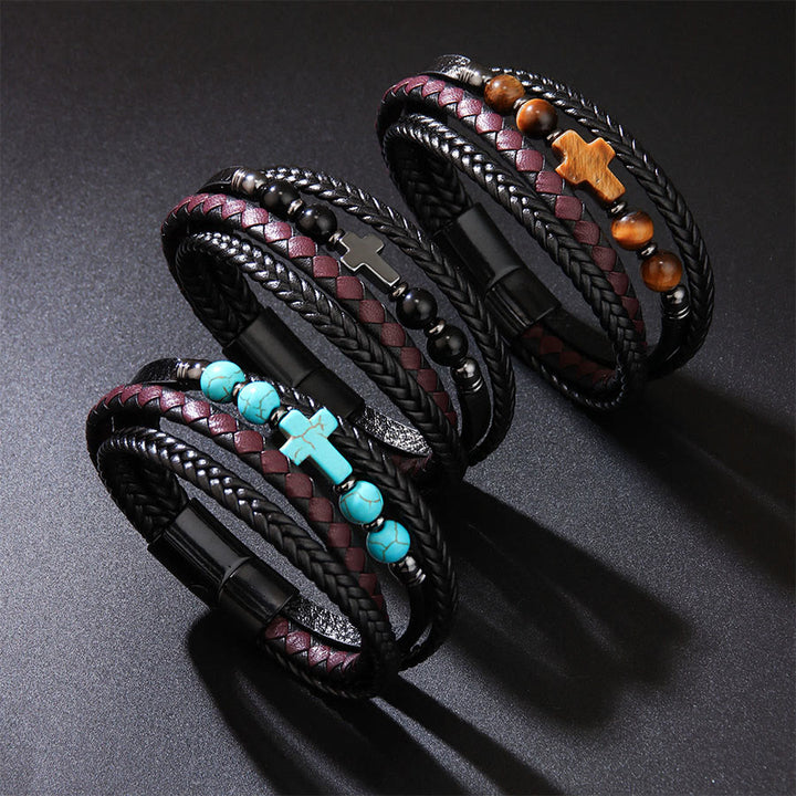Bracciale Olivenorma Timeless con croce in pelle intrecciata e pietra naturale - image 8