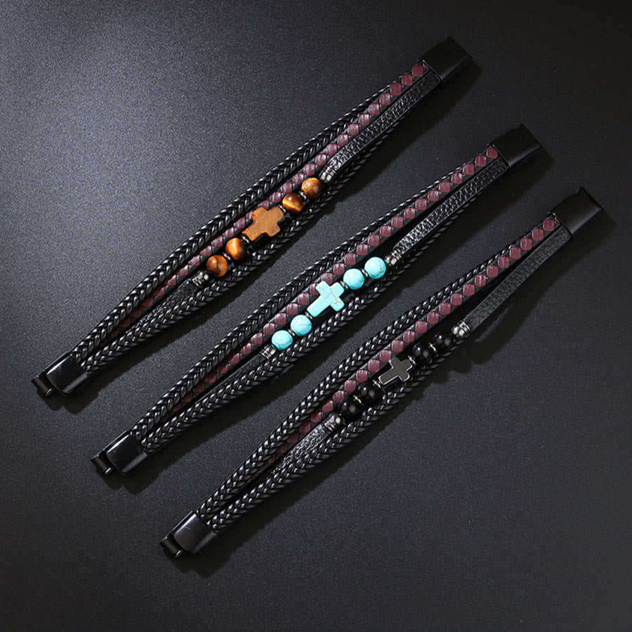 Bracciale Olivenorma Timeless con croce in pelle intrecciata e pietra naturale - image 9