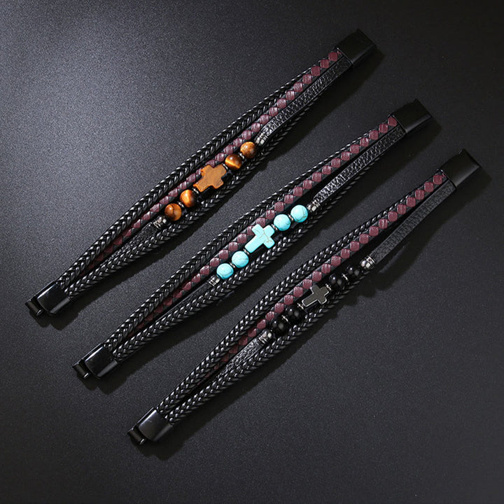 Bracciale Olivenorma Timeless con croce in pelle intrecciata e pietra naturale - image 9