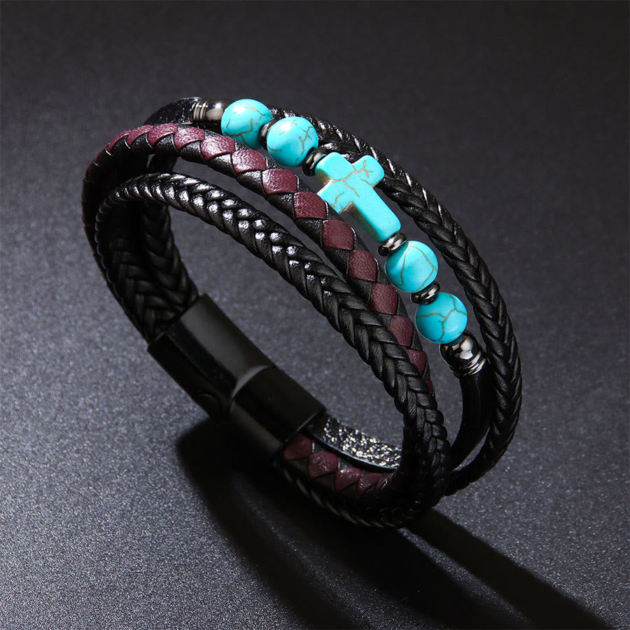 Bracciale Olivenorma Timeless con croce in pelle intrecciata e pietra naturale - Turchese - image 7
