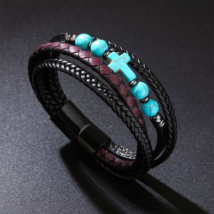 Bracciale Olivenorma Timeless con croce in pelle intrecciata e pietra naturale - Turchese - image 7