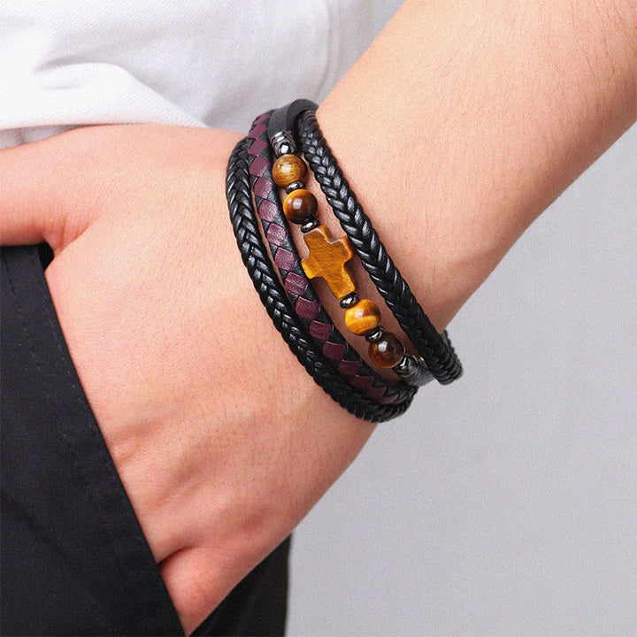 Bracciale Olivenorma Timeless con croce in pelle intrecciata e pietra naturale - image 2