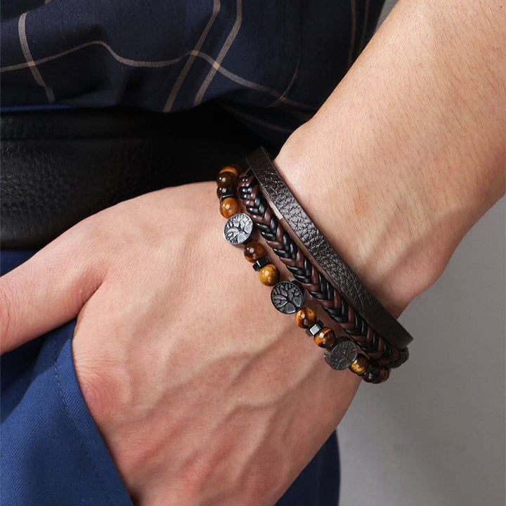 Bracciale Olivenorma in pelle intrecciata stile bohémien con perline e simboli della natura. - image 1