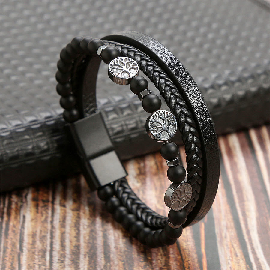 Bracciale Olivenorma in pelle intrecciata stile bohémien con perline e simboli della natura. - Onice Nero - 23 cm - image 7