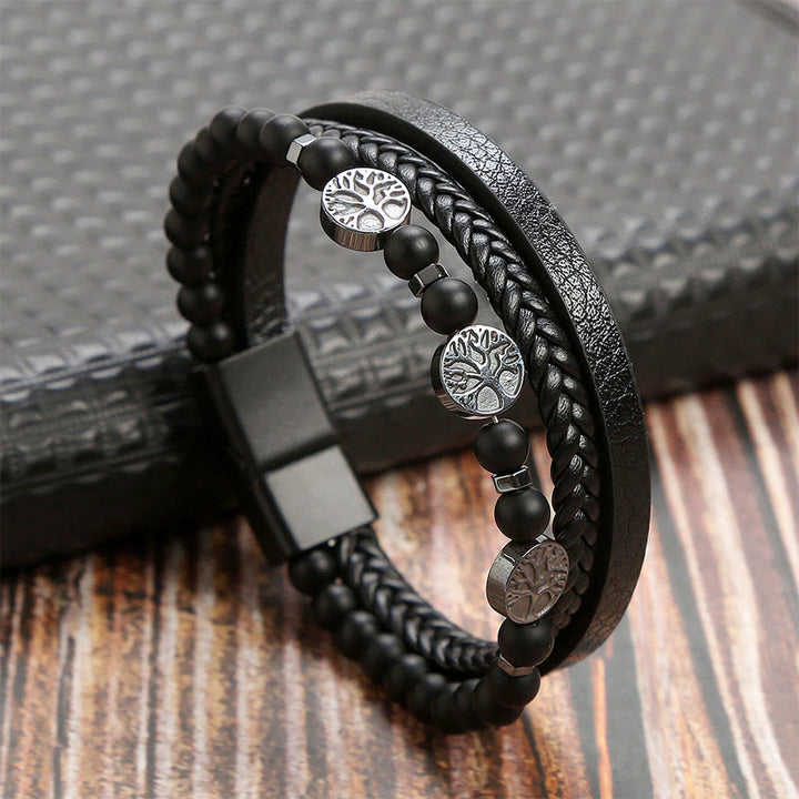 Bracciale Olivenorma in pelle intrecciata stile bohémien con perline e simboli della natura. - Onice Nero - 23 cm - image 7