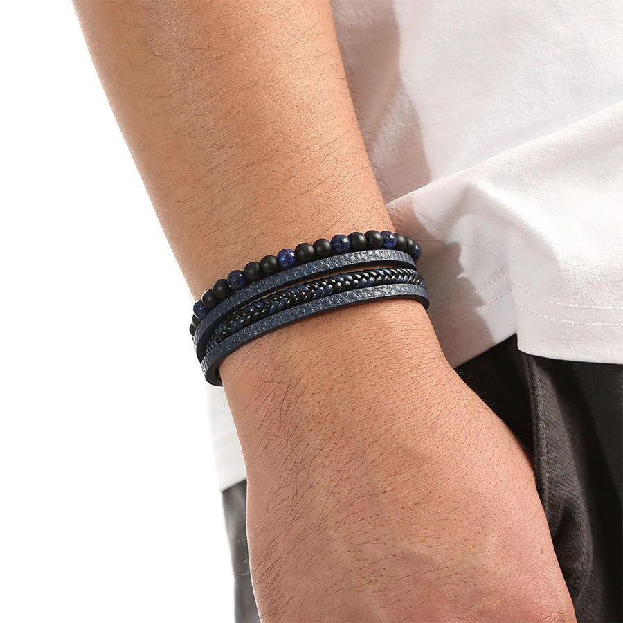 Bracciale impilabile Olivenorma in pelle intrecciata a più fili e pietre naturali - image 5