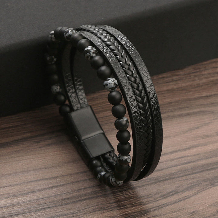 Bracciale impilabile Olivenorma in pelle intrecciata a più fili e pietre naturali - Ossidiana fiocco di neve - 23 cm - image 9
