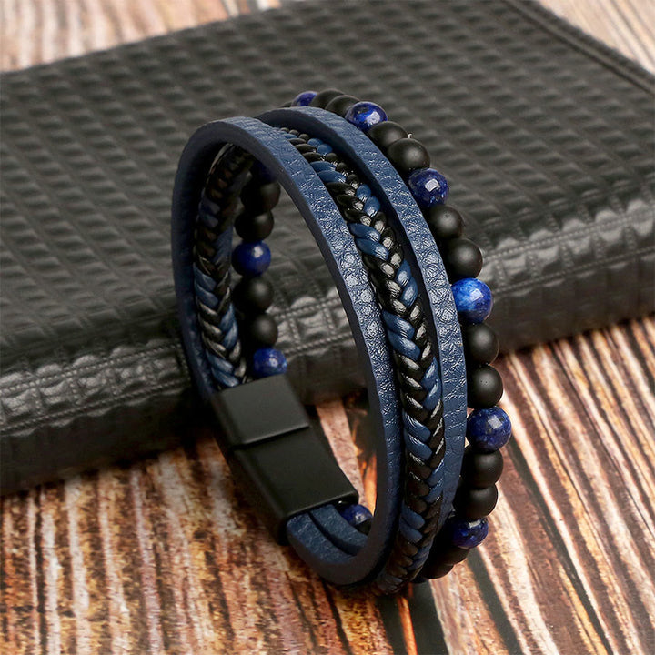Bracciale impilabile Olivenorma in pelle intrecciata a più fili e pietre naturali - Lapislazzuli - 23 cm - image 7