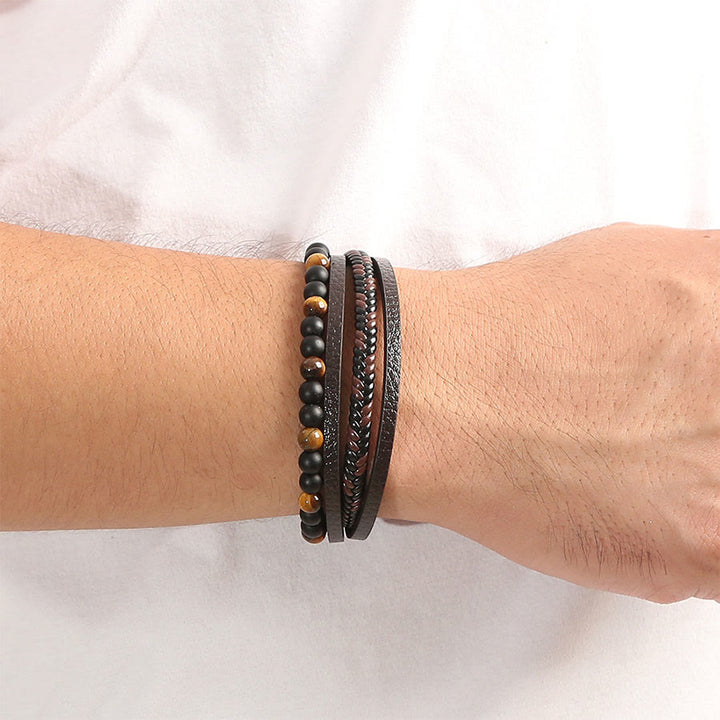 Bracciale impilabile Olivenorma in pelle intrecciata a più fili e pietre naturali - image 1