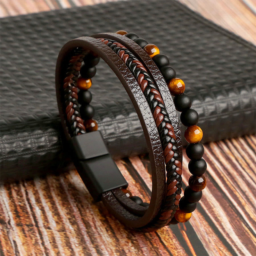 Bracciale impilabile Olivenorma in pelle intrecciata a più fili e pietre naturali - Occhio di tigre - 23 cm - image 0