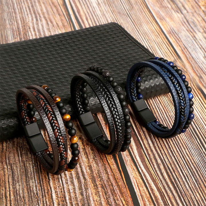 Bracciale impilabile Olivenorma in pelle intrecciata a più fili e pietre naturali - image 12