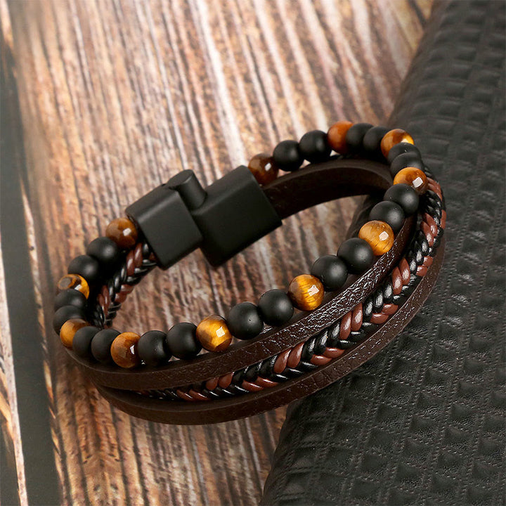 Bracciale impilabile Olivenorma in pelle intrecciata a più fili e pietre naturali - image 2