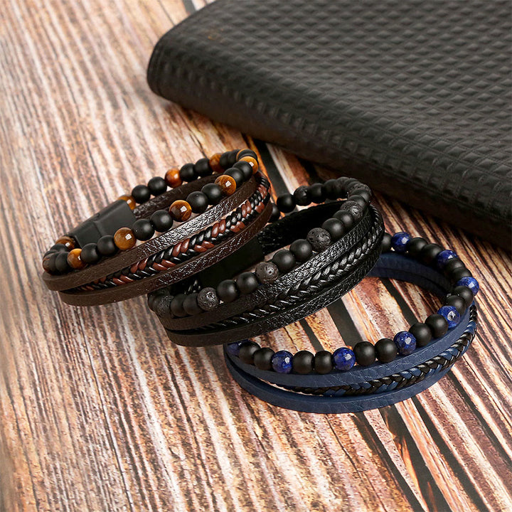 Bracciale impilabile Olivenorma in pelle intrecciata a più fili e pietre naturali - image 11