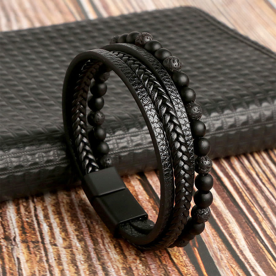 Bracciale impilabile Olivenorma in pelle intrecciata a più fili e pietre naturali - Pietra lavica - 23 cm - image 4