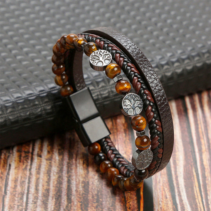 Bracciale Olivenorma in pelle intrecciata stile bohémien con perline e simboli della natura. - Occhio di tigre - 23 cm - image 0