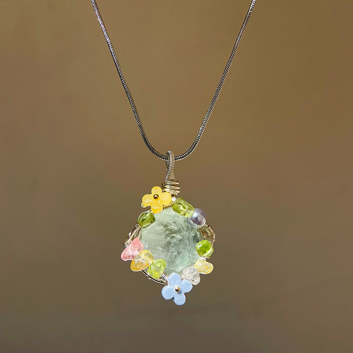 Collana con ciondolo Olivenorma in pietra naturale, fiori in smalto e peridoto - Fluorite - image 8