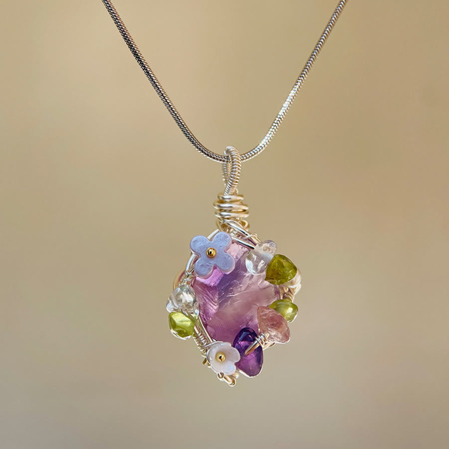 Collana con ciondolo Olivenorma in pietra naturale, fiori in smalto e peridoto - Ametista - image 6