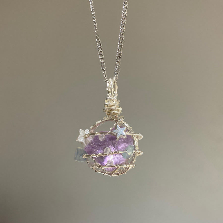 Collana con ciondolo Olivenorma in pietra naturale, fiori in smalto e peridoto - Grappolo di ametista - image 15