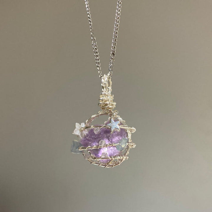 Collana con ciondolo Olivenorma in pietra naturale, fiori in smalto e peridoto - Grappolo di ametista - image 15