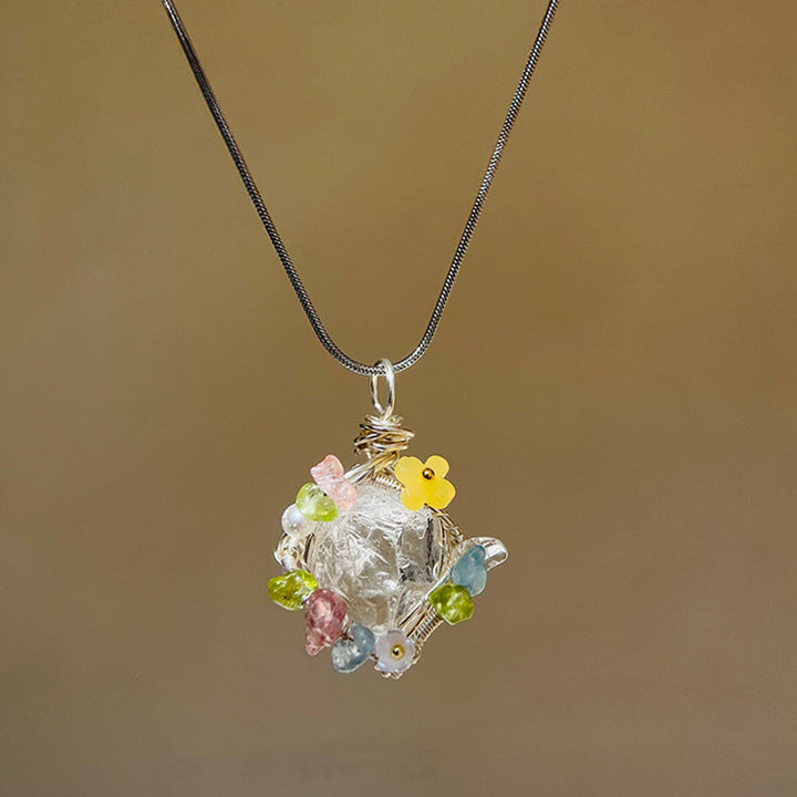 Collana con ciondolo Olivenorma in pietra naturale, fiori in smalto e peridoto - Quarzo trasparente - image 12