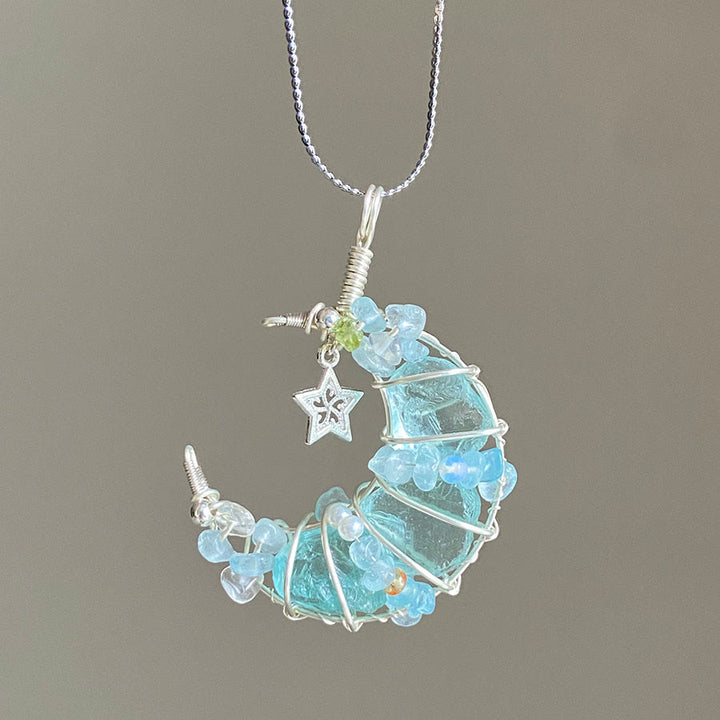 Collana in argento con ciondolo a mezzaluna Olivenorma Raw Crystal e decorazioni a stella e fiore . Collana in argento con ciondolo a mezzaluna e decorazioni a stella e fiore. - Amazzonite - image 6