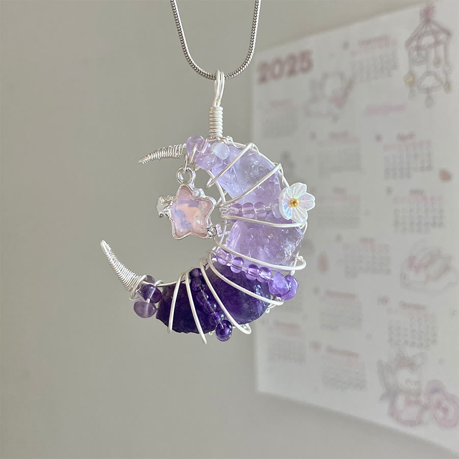 Collana in argento con ciondolo a mezzaluna Olivenorma Raw Crystal e decorazioni a stella e fiore . Collana in argento con ciondolo a mezzaluna e decorazioni a stella e fiore. - Amethyst & Star Moon - image 8