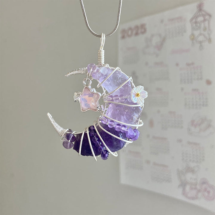 Collana in argento con ciondolo a mezzaluna Olivenorma Raw Crystal e decorazioni a stella e fiore . Collana in argento con ciondolo a mezzaluna e decorazioni a stella e fiore. - Amethyst & Star Moon - image 8
