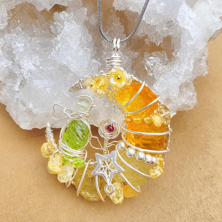 Olivenorma fatta a mano con mezzaluna, citrino e peridoto, stelle e fiori, avvolti in filo metallico. - Citrino - image 0