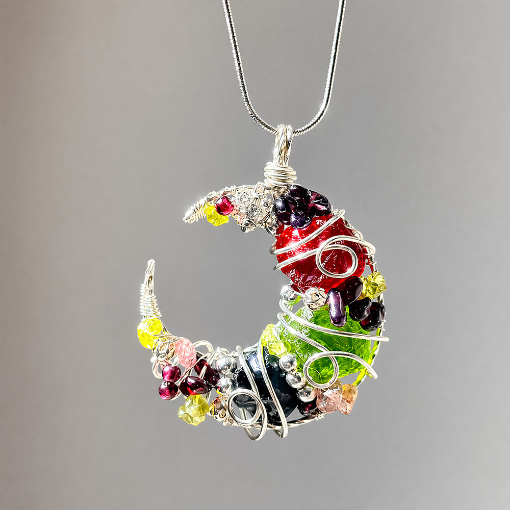 Collana Olivenorma con mezzaluna stravagante in ossidiana e vetro misto, avvolta in filo metallico. - Ossidiana e vetro misto - image 0
