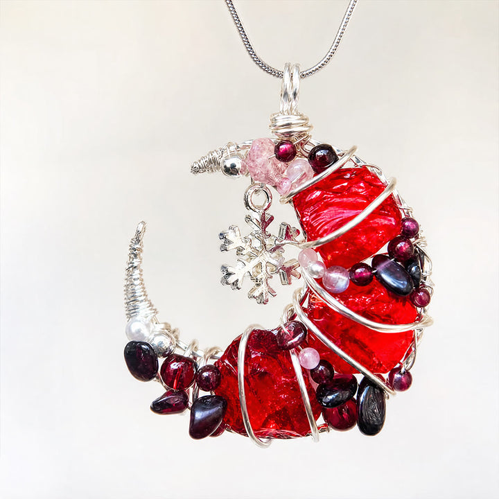 Olivenorma fatta a mano con mezzaluna, granato e vetro rosso, avvolta in filo metallico. - Fiocco di neve di vetro rosso - image 0