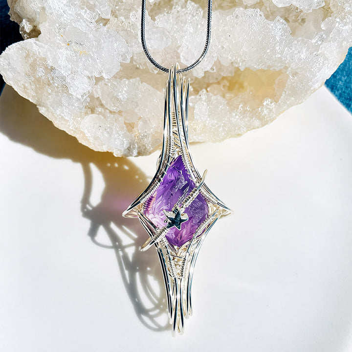 Collana Olivenorma a tema celeste con ametista e acquamarina, realizzata con filo metallico. - Ametista e Pentagramma - image 0