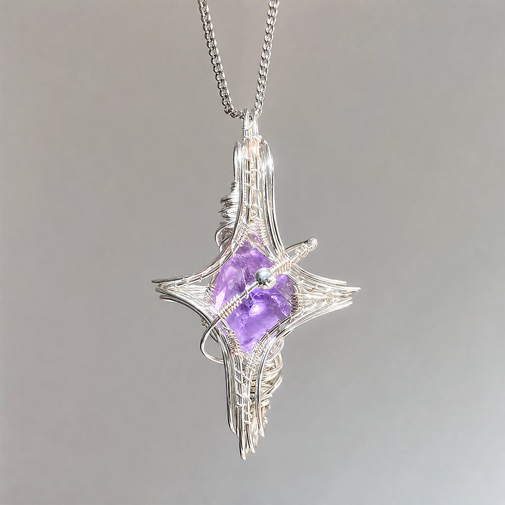 Collana Olivenorma a tema celeste con ametista e acquamarina, realizzata con filo metallico. - image 3