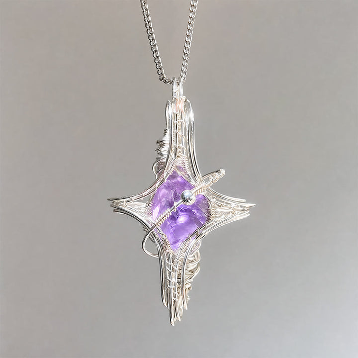 Collana Olivenorma a tema celeste con ametista e acquamarina, realizzata con filo metallico. - image 3