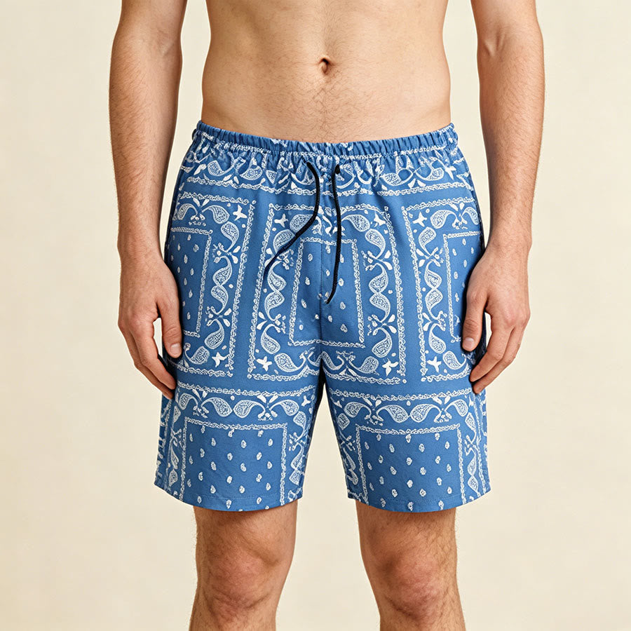 Pantaloncini da uomo estivi traspiranti e larghi con motivo paisley a quadri in stile retrò Olivenorma. - Blu - 2XL - image 18