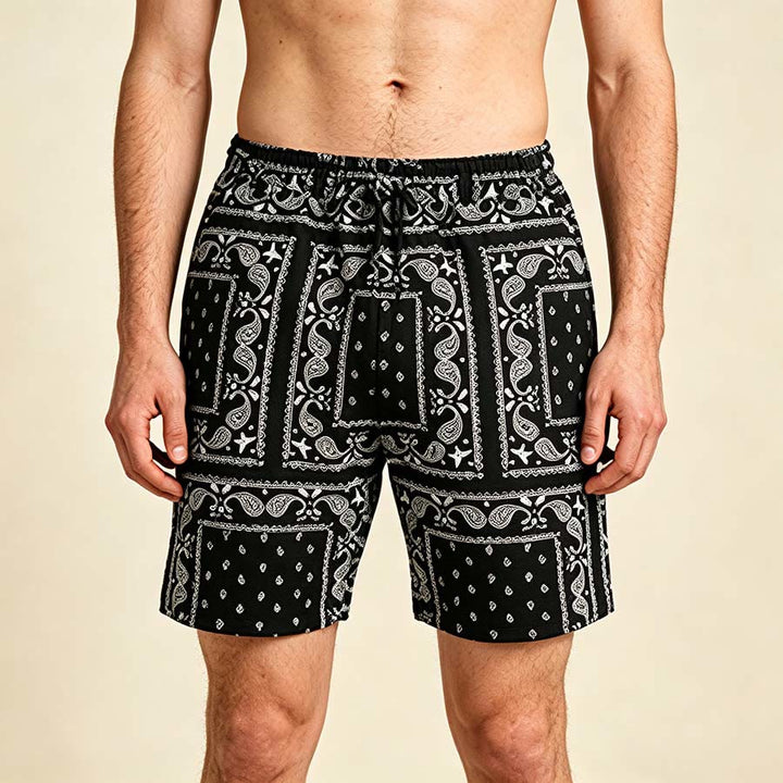 Pantaloncini da uomo estivi traspiranti e larghi con motivo paisley a quadri in stile retrò Olivenorma. - Nero - 2XL - image 0