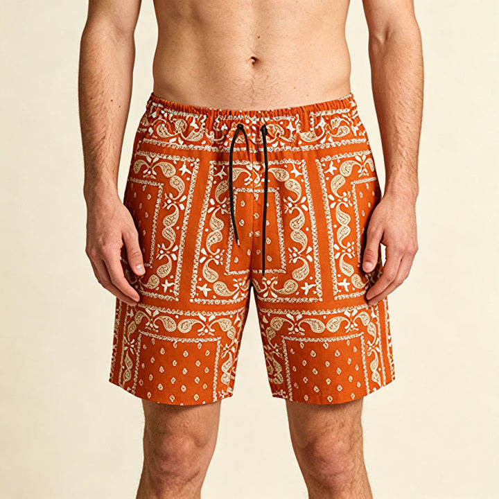 Pantaloncini da uomo estivi traspiranti e larghi con motivo paisley a quadri in stile retrò Olivenorma. - Rosso-arancio - 2XL - image 12